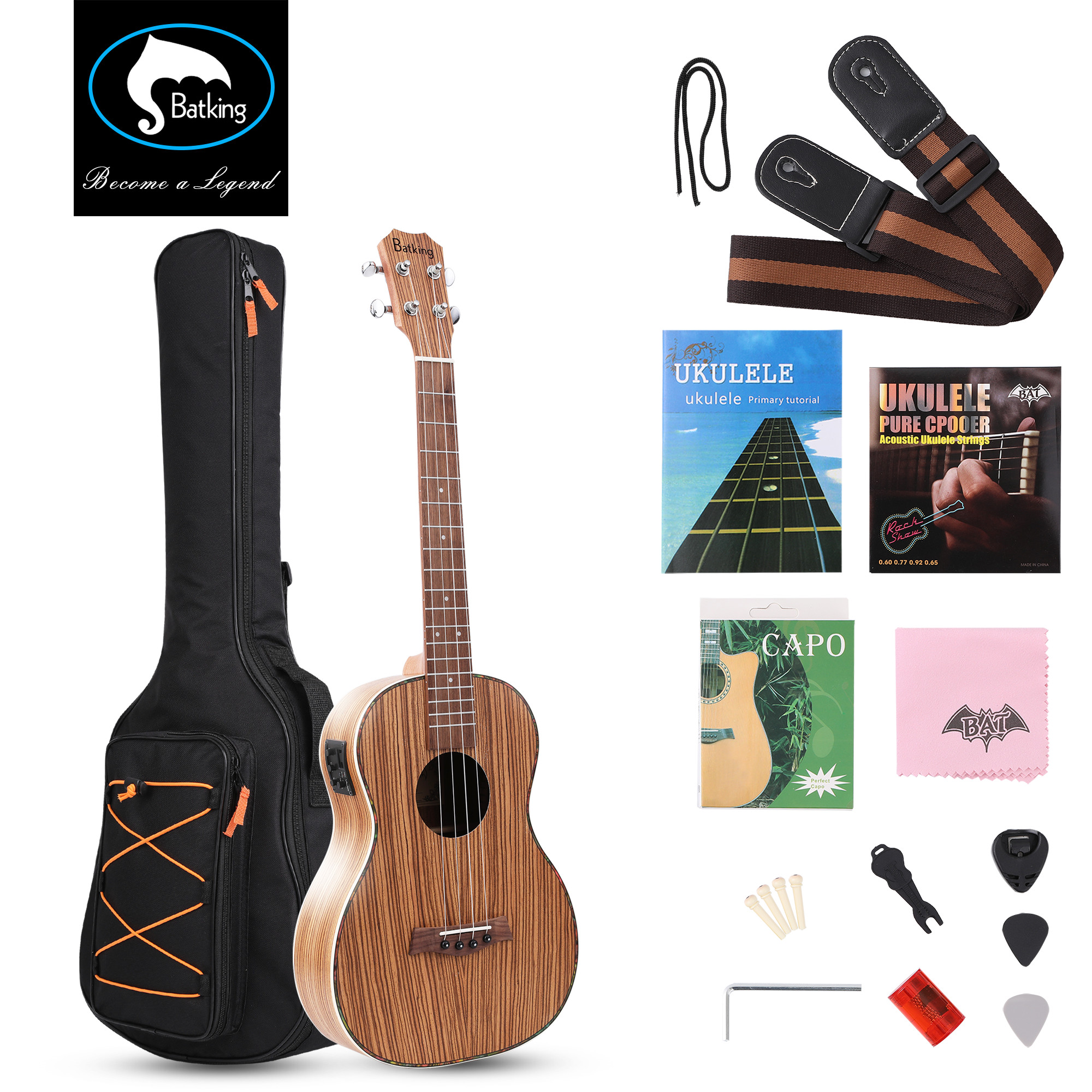 30 Inch Satin Zebrawood Acoustic Ukulele with Built In Preamp and Tuning EQ Picks Spare Nylon Strings Bag Included(U6)