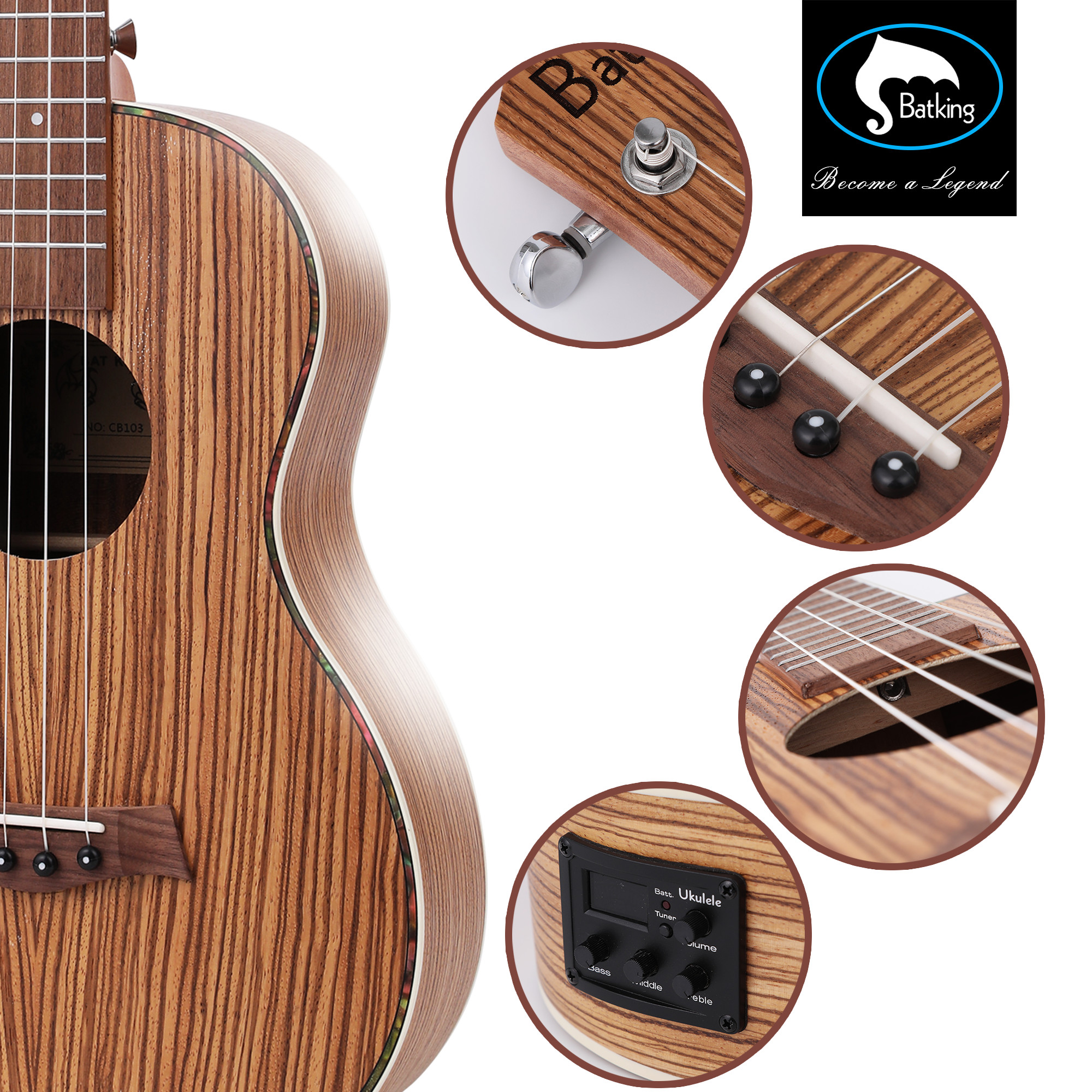 30 Inch Satin Zebrawood Acoustic Ukulele with Built In Preamp and Tuning EQ Picks Spare Nylon Strings Bag Included(U6)