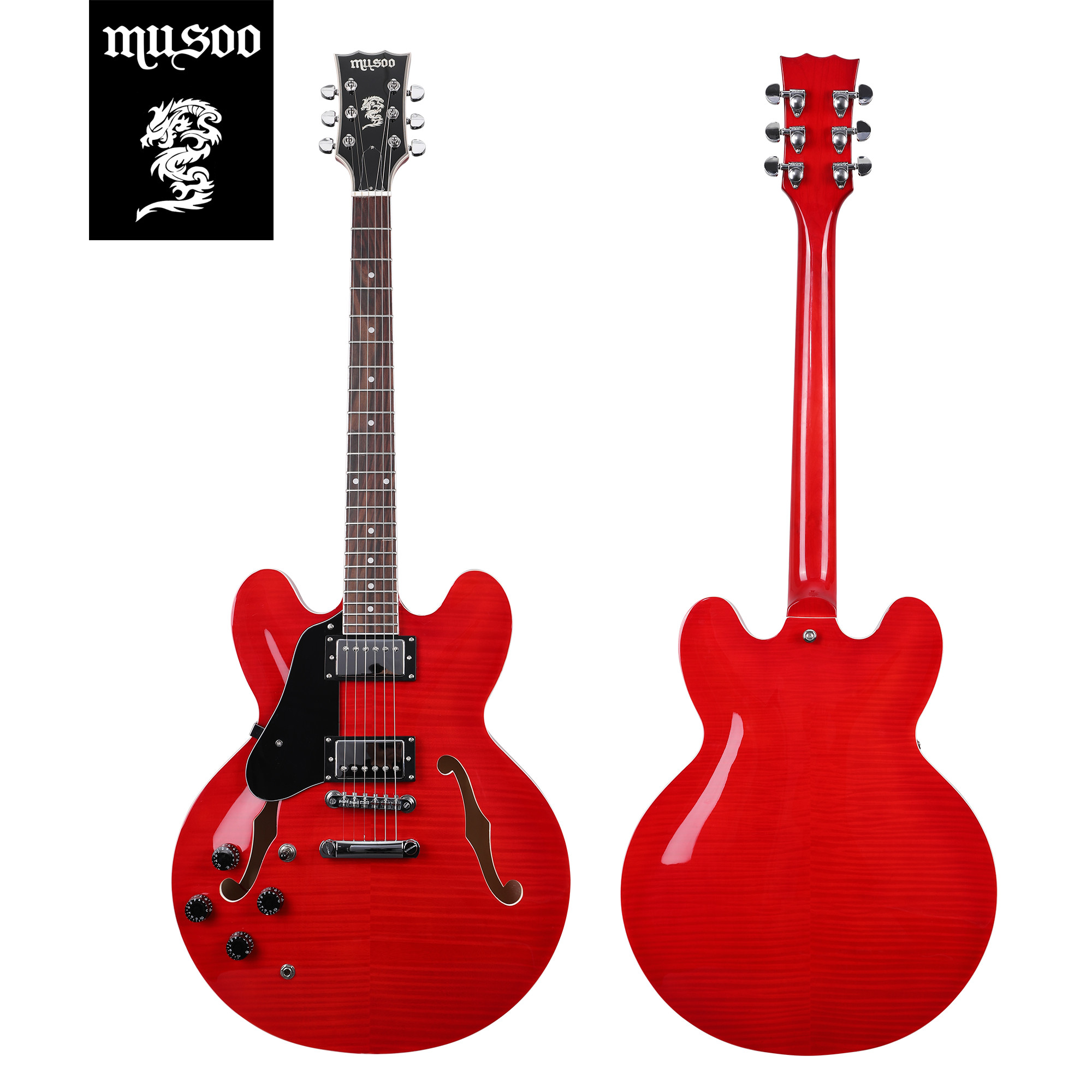 Musoo 335 style left hand Jazz Electric Guitar Flame Maple top Semi Hollow Body Chrome Hardware(EJ02)