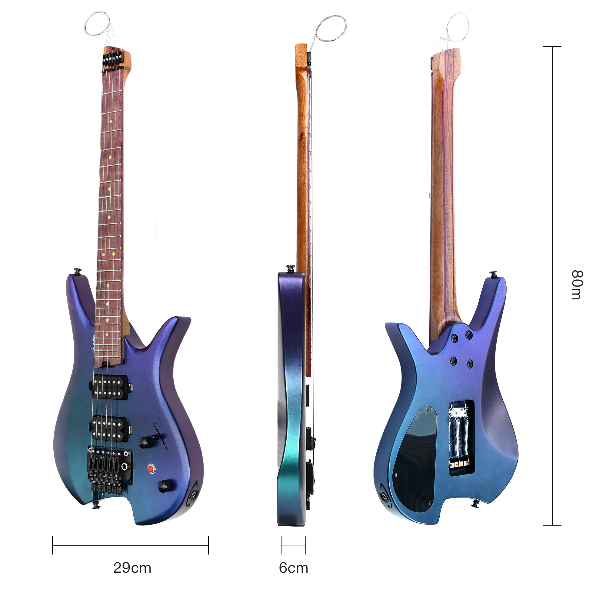 Electric Travel Headless Guitar 6 String Double Locking Tremolo Chameleon Finish with Gigbag
