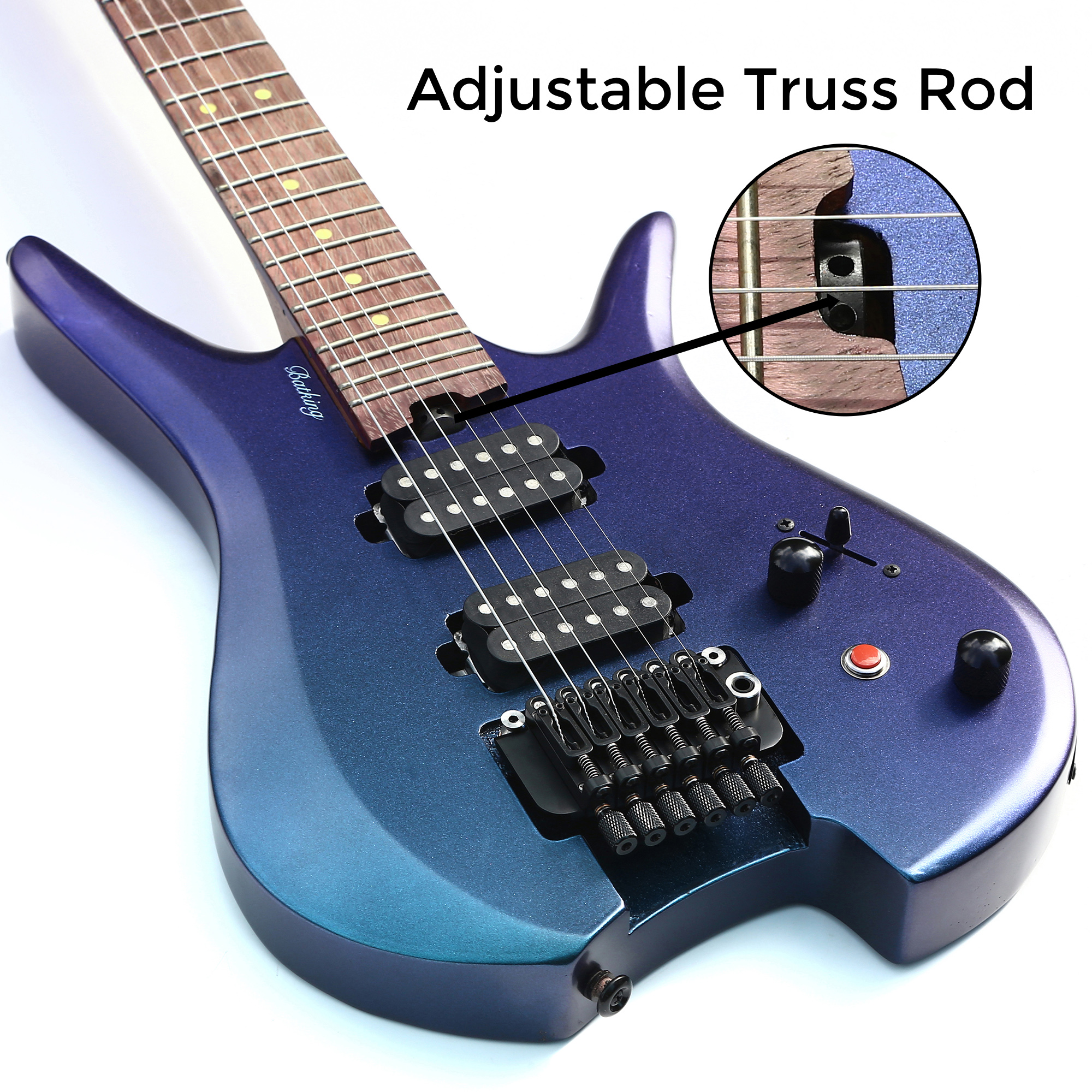 Electric Travel Headless Guitar 6 String Double Locking Tremolo Chameleon Finish with Gigbag