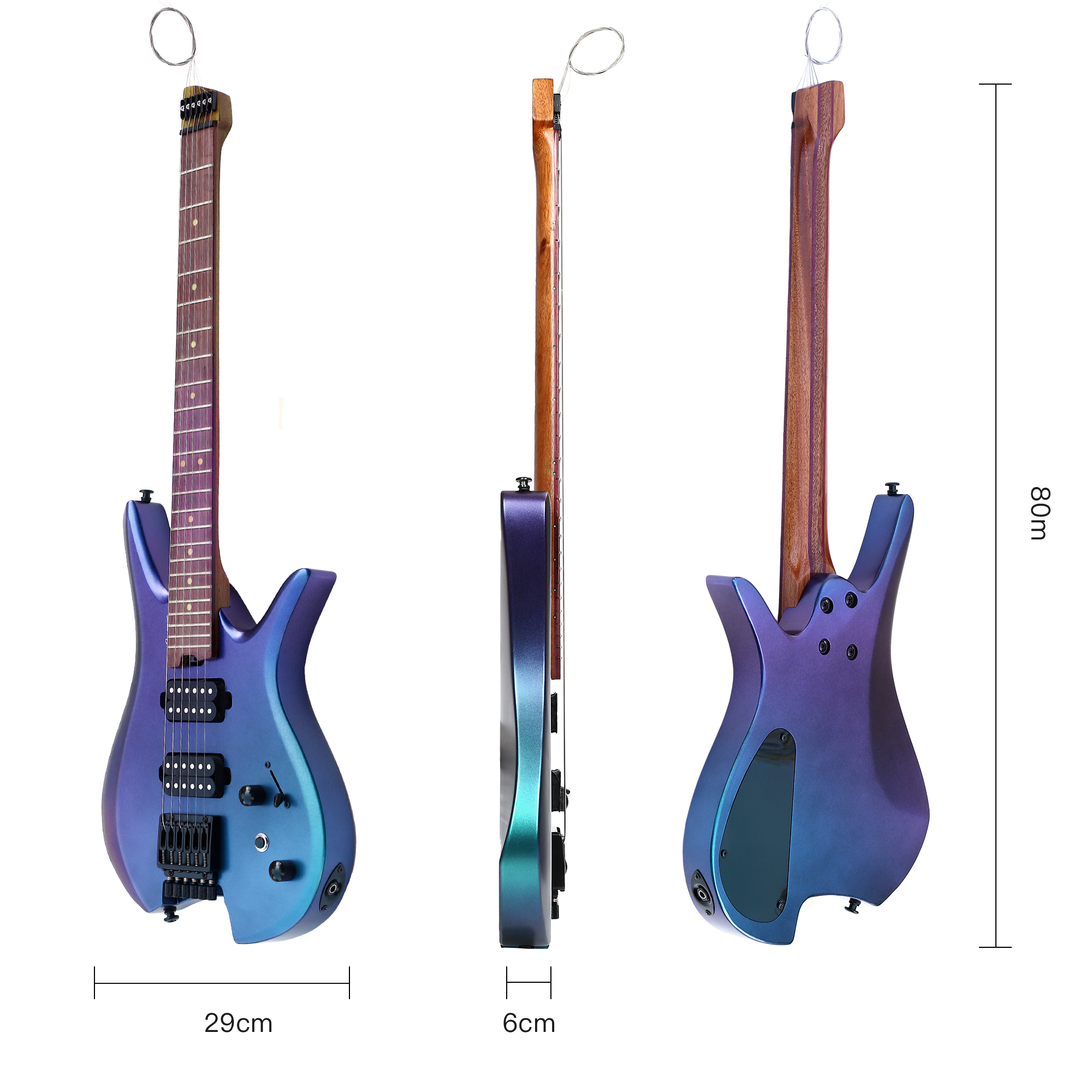 Electric Travel Headless Guitar 6 String Fix bridge Chameleon Finish with Gigbag