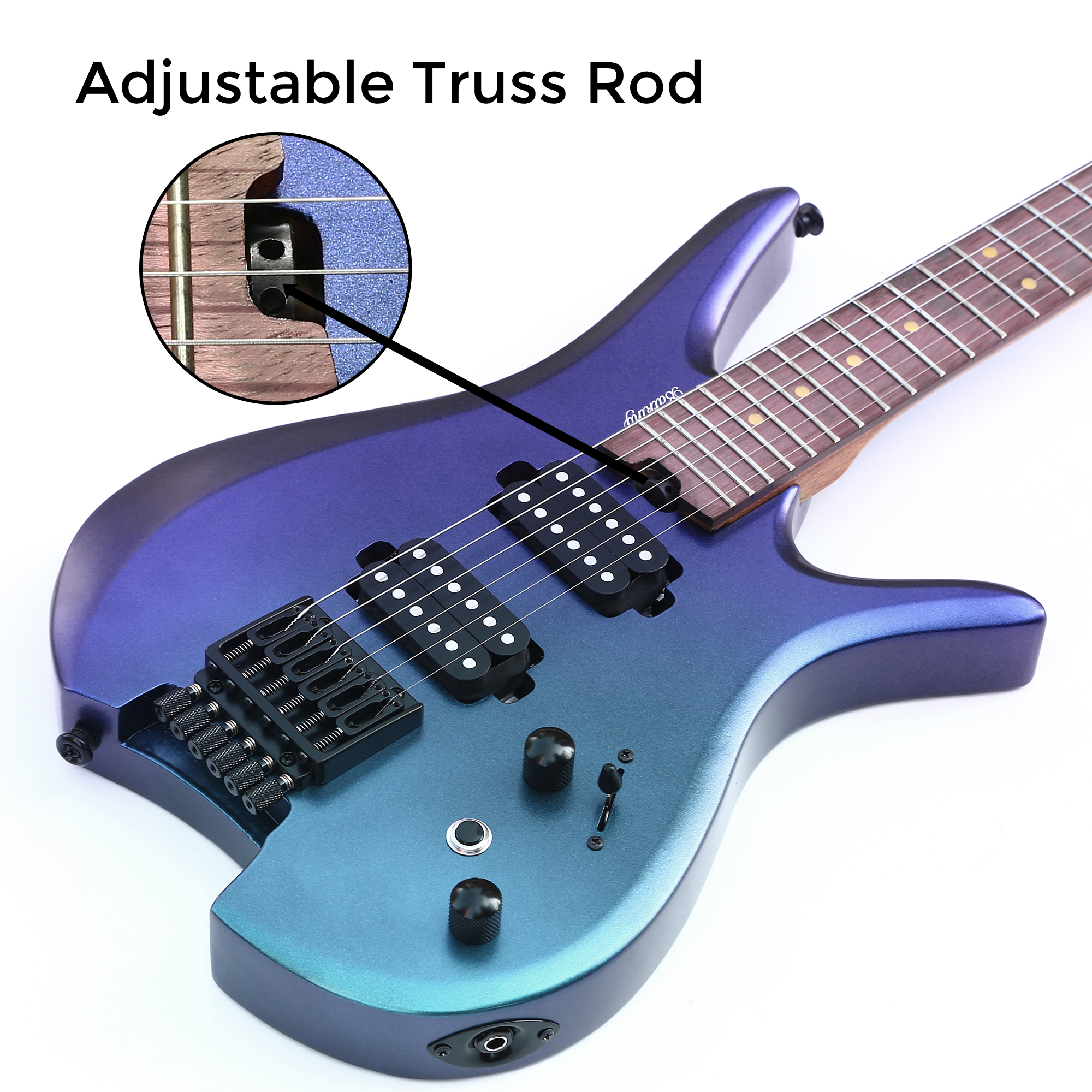 Electric Travel Headless Guitar 6 String Fix bridge Chameleon Finish with Gigbag