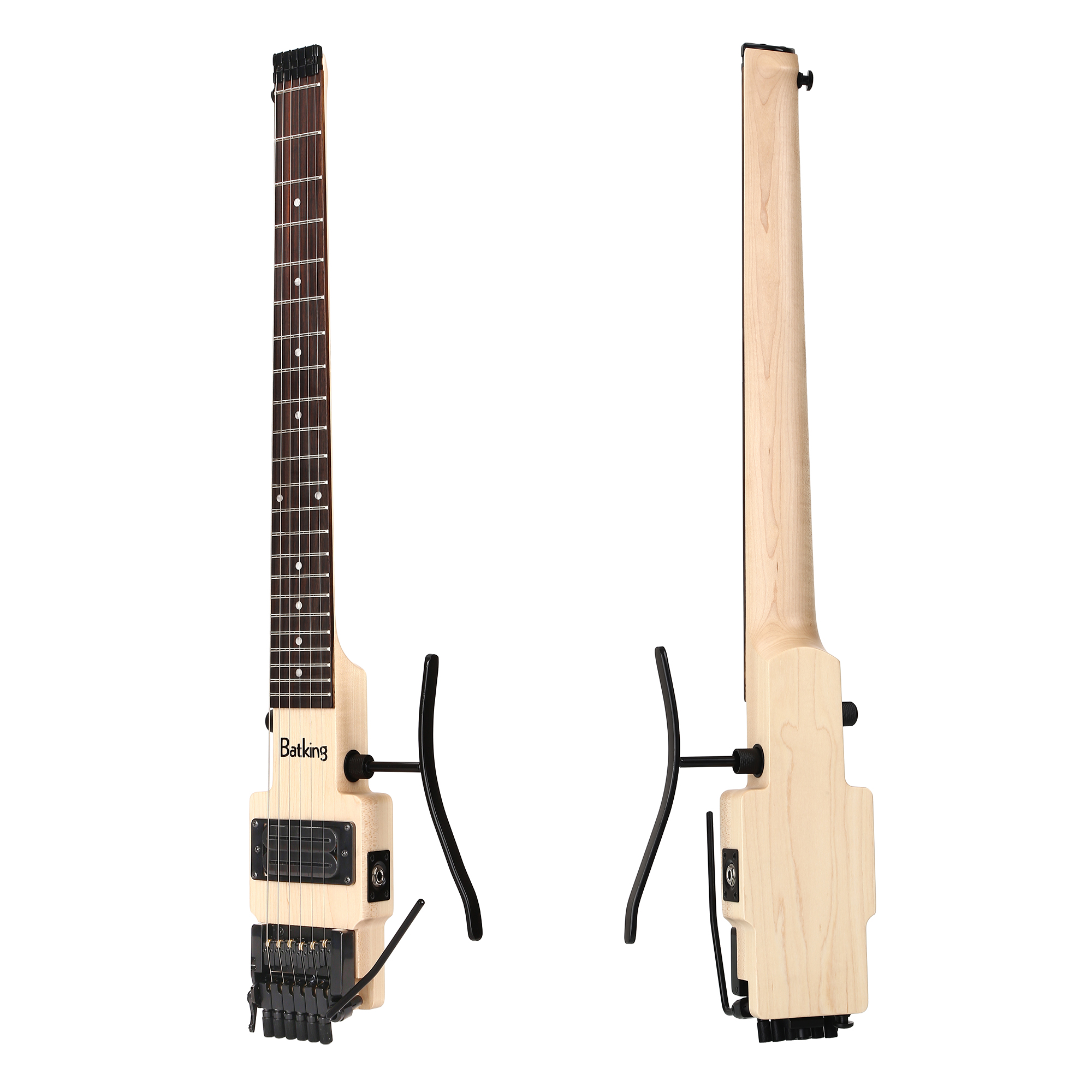 Travel Electric Guitar Headless 6 String Guitar One piece Canada maple neck through body design Double Locking Tremolo W Leg Support(TGH 02)